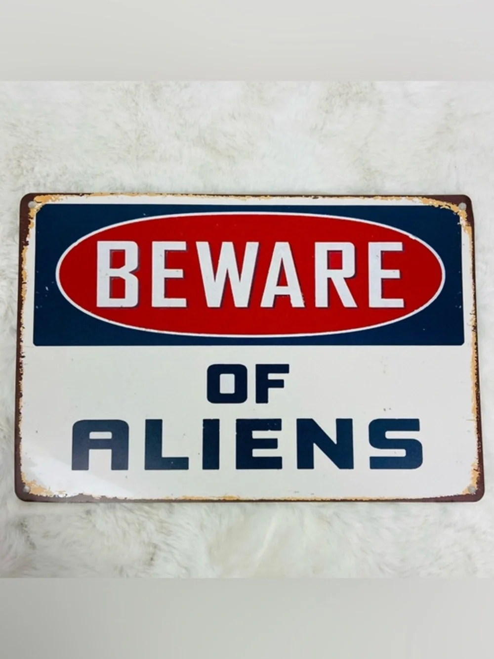 NWOT Retro rustic 'Beware of Aliens' Metal Sign - Red, Navy, White